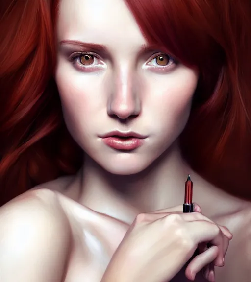 Prompt: portrait of a auburn hair, female, red wine, in heightened detail, poised, writing in journal, detailed facial expression, 8 k, hyperrealistic, detailed surroundings, intricate, elegant, highly detailed, centered, digital painting, cgsociety, concept art, smooth, sharp focus, illustration, by ( ross tran ), wlop