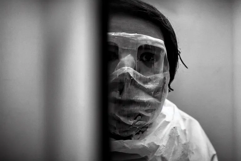 Image similar to a cinematic portrait of a prisoner dressed in a a black and white hazmat suit in a small prison cell, dust storm, annie leibovitz and zack snyder, 8 k, hd, high resolution, 8 5 mm, f / 1. 8