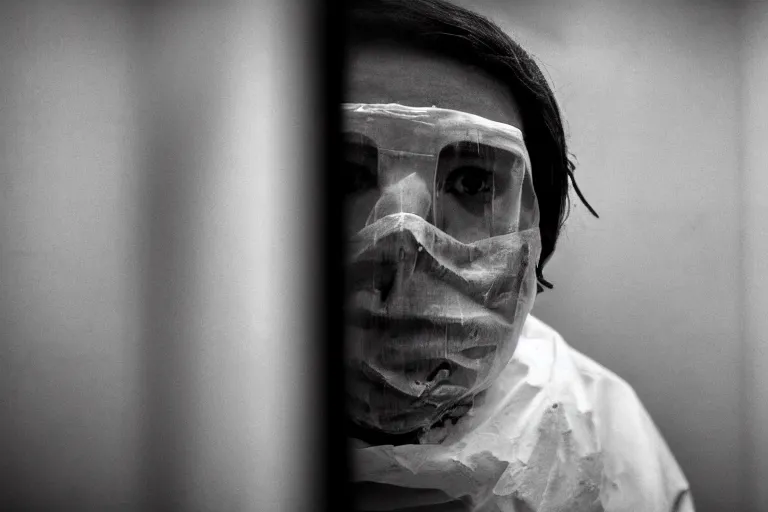 Prompt: a cinematic portrait of a prisoner dressed in a a black and white hazmat suit in a small prison cell, dust storm, annie leibovitz and zack snyder, 8 k, hd, high resolution, 8 5 mm, f / 1. 8