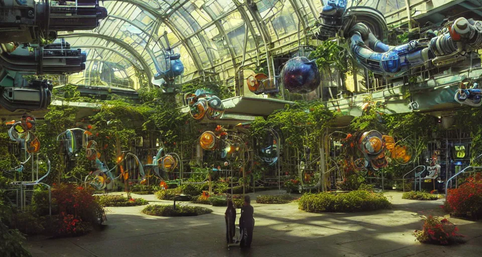 Prompt: lush scifi high tech garden in a victorian shopping mall courtyard, microscopy cyborg cephalopods minimalist oil painting by donato giancola, chris foss, maschinen krieger fetuses organic laboratory, beeple, the matrix, star wars, ilm, star citizen, mass effect, warm coloured, artstation, atmospheric perspective