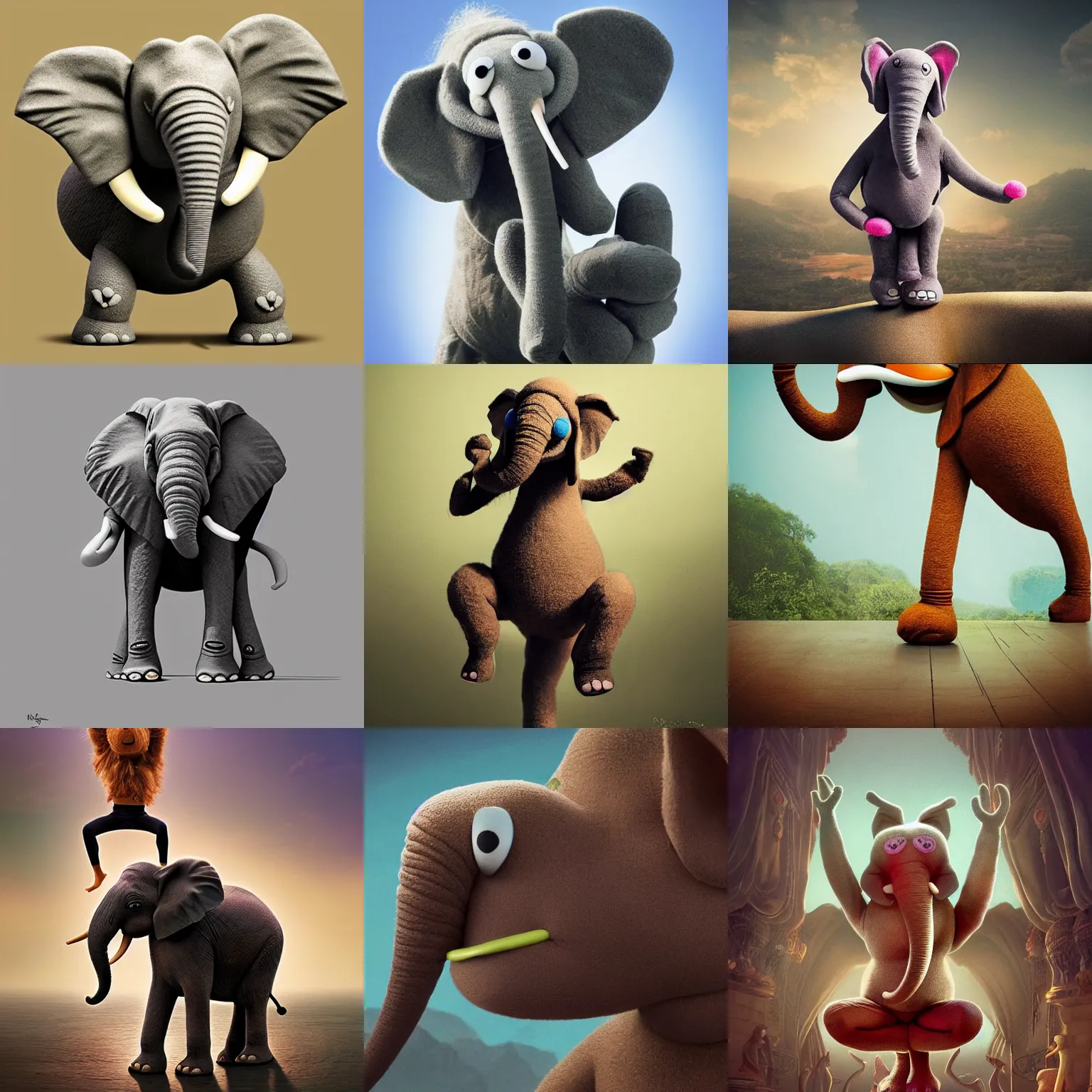 Prompt: an elephant muppet doing yoga poses, highly detailed, digital art, artstation, matte painting, from the muppets movie