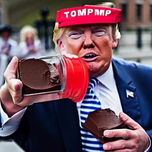 Image similar to donald j. trump spraying chocolate pudding onto liberals