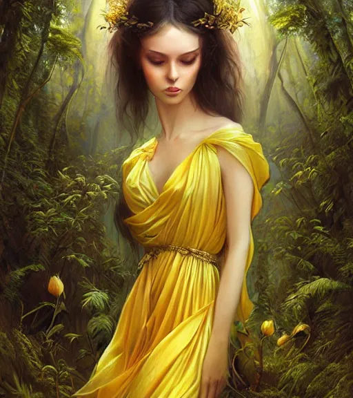 Prompt: goddess of life, lush forest, digital art, yellow silk dress, portrait by artgerm and karol bak