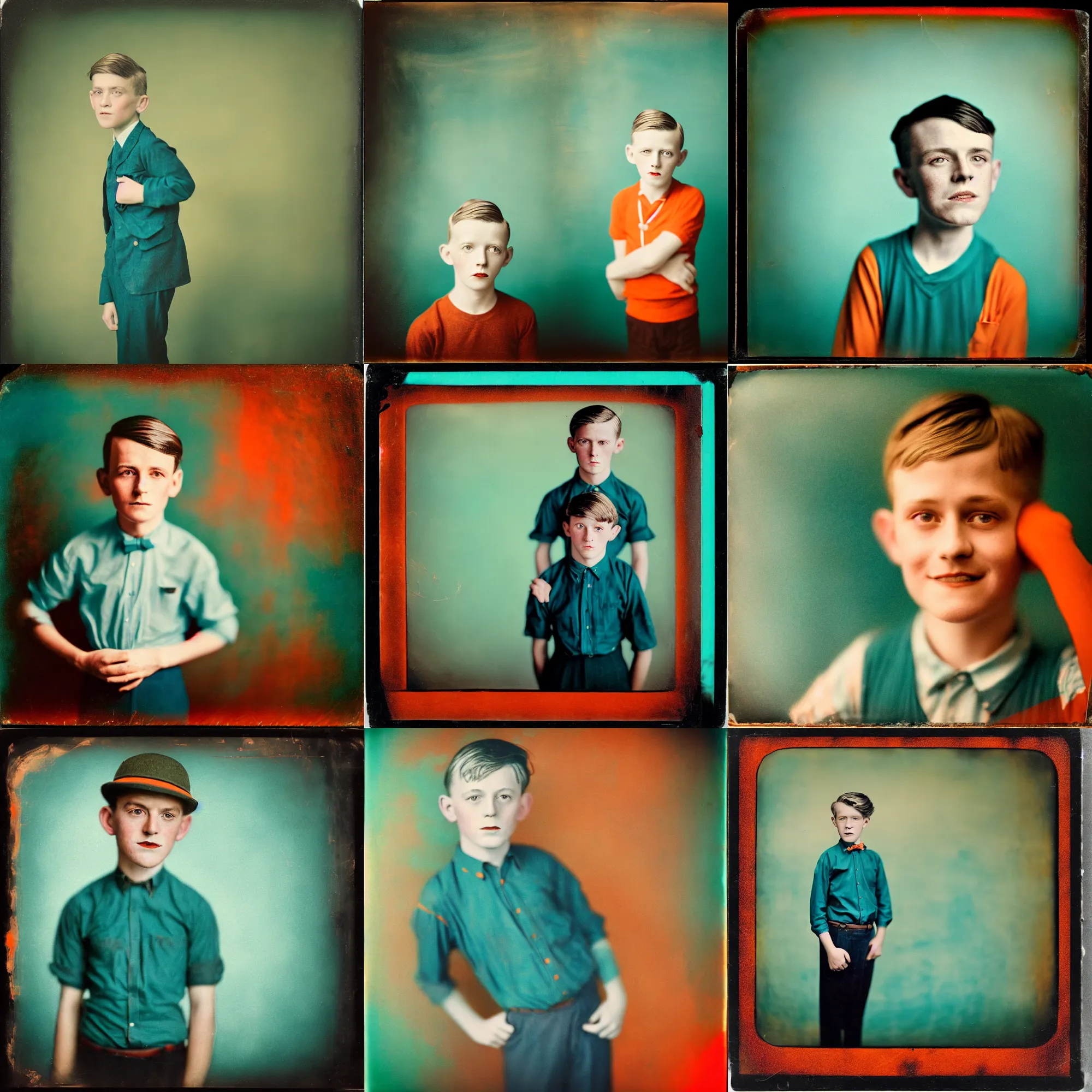 Prompt: kodak portra 4 0 0, wetplate, motion blur, portrait photo of a backdrop, 8 year old handsome boy, 1 9 3 0 s style, coloured in teal and orange, in style of britt marling