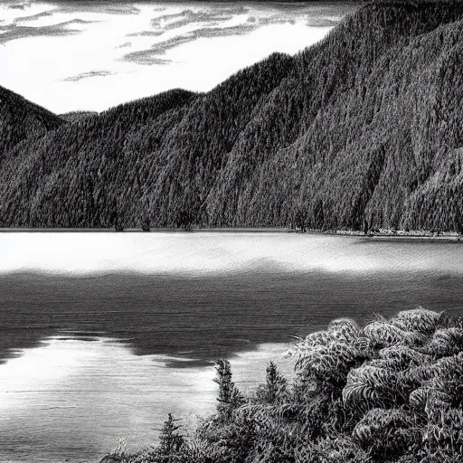 Image similar to lago di sorapis, hyper - realistic black and white drawing, hyper detailed, extreme long shot, in the style of den yakovelv