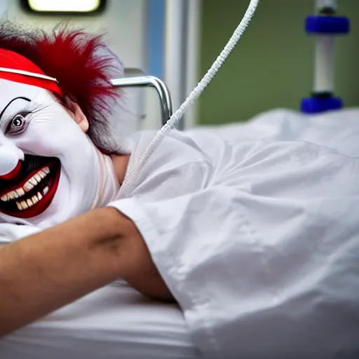 Image similar to laughing clown lying in hospital bed with wrist restraints on, restraint fabric straps attached to hospital bed, photograph, 8 k