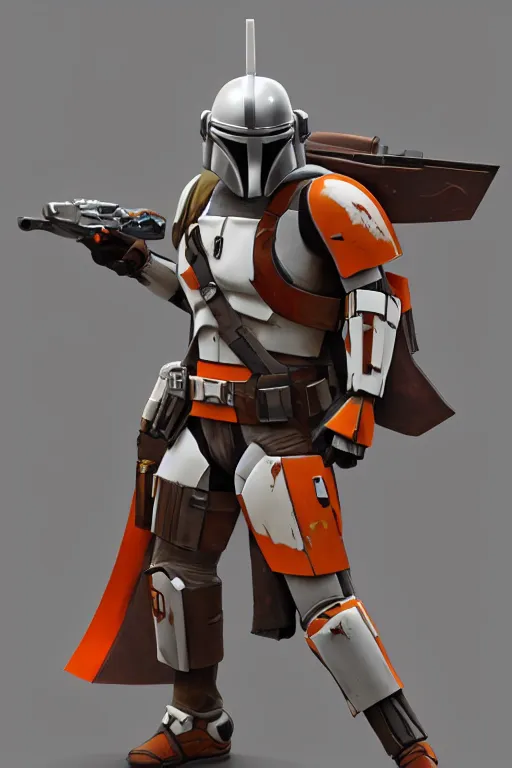 Image similar to mandalorian overwatch echo style statue made of white and orange marble standing, 3 d render, octane render, unreal engine, overwatch, detailed, dynamic light, beautiful, rococo, accents of red