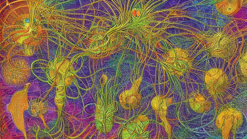 Prompt: quantum connections represented as symbiotic organisms like cells playing around with colorful lights by ernst haeckel, sharp