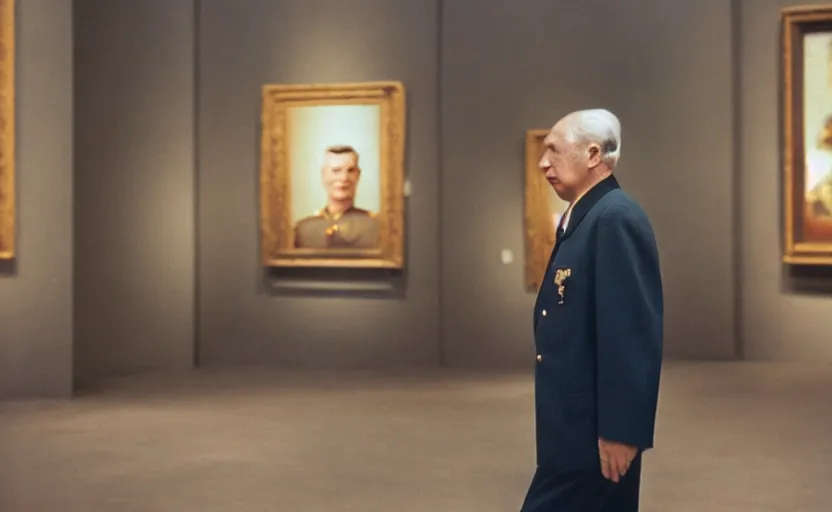 Image similar to 50s movie still close-up portrait of an elder soviet general walking in an empty museum, by David Bailey, Cinestill 800t 50mm eastmancolor, heavy grainy picture, very detailed, high quality, 4k, HD criterion, precise texture and facial expression