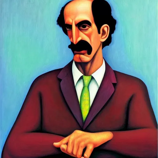 Image similar to robotic frank zappa portrait, grant wood, pj crook, edward hopper, oil on canvas