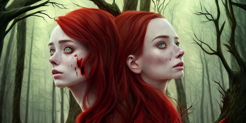 Image similar to surrounded by trees, realistic character concept, gorgeous Kacey Rohl, red hair, small freckles, symmetrical face, symmetrical eyes, full body, covered in blood, dark forest, trees, shorter neck, cinematic lighting, Joshua Middleton and artgerm, Wendigo lurking in the background, fear anxiety terror