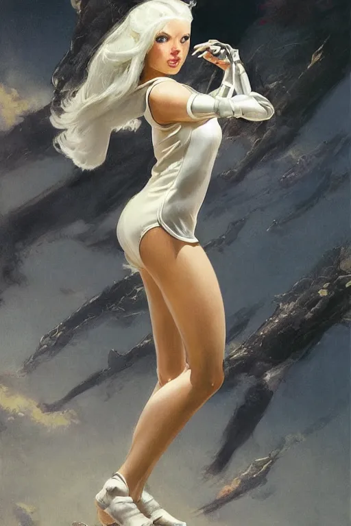 Image similar to pulp scifi fantasy illustration full body portrait android girl, gymnastique, white hair, in leather, by norman rockwell, roberto ferri, daniel gerhartz, edd cartier, jack kirby, howard v brown, ruan jia, tom lovell, frank r paul, jacob collins, dean cornwell, astounding stories, amazing, fantasy, other worlds