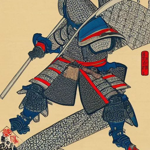 Prompt: knight in plate armor, 8k, ultra detailed, Ukiyo-e style by Katsushika Hokusai