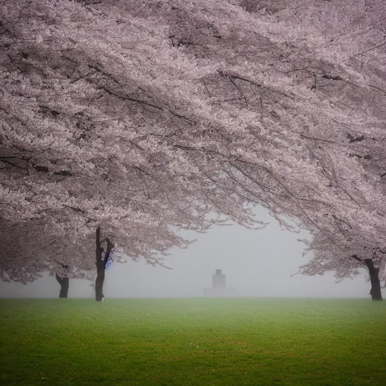 Image similar to a photograph of a white concrete cube sitting center frame in the middle of a cherry blossom forest, foggy, liminal