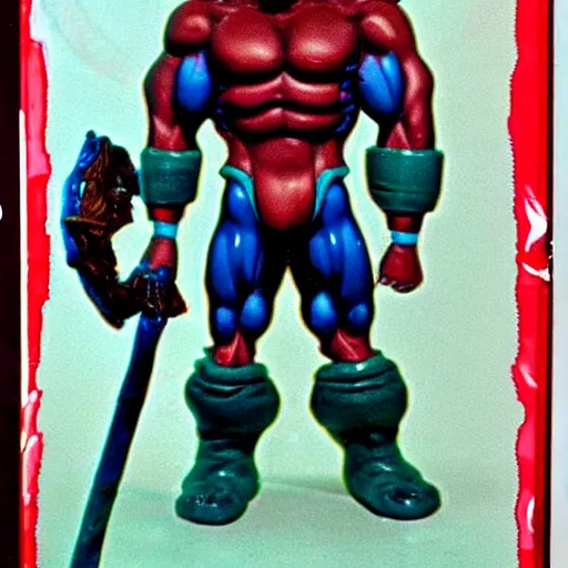 Image similar to creepy muscular he-man villain creature toy from a bad 90s commercial, distorted vhs footage