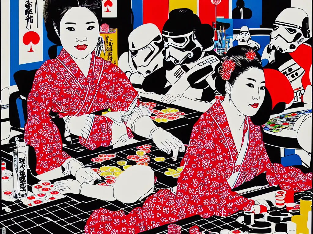 Image similar to hyperrealism composition of the detailed single woman in a japanese kimono sitting at an extremely detailed poker table with stormtrooper, fireworks, river on the background, pop - art style, jacky tsai style, andy warhol style, acrylic on canvas