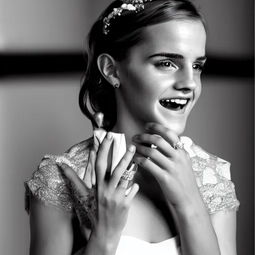 Image similar to A photo of laugh emma watson show wedding ring on his fingers. 50 mm. perfect ring. award winning photography