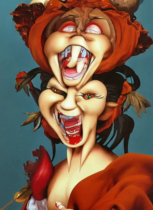 Prompt: a grotesque oil painting of an anime girl figurine caricature with a big dumb grin featured on Ren and Stimpy by Caravaggio