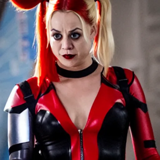 Image similar to A still of Kaley Cuoco as Harley Quinn