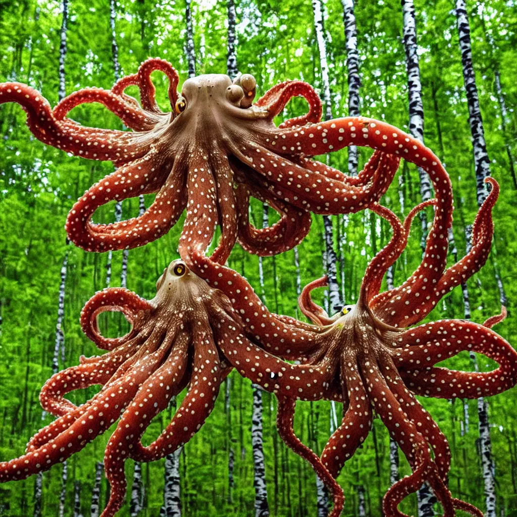 Prompt: excited huge camouflaged terrestrial octopus stalking you as it's prey in birch forest