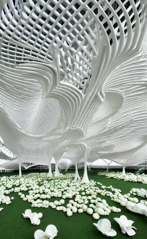 Image similar to elegant white art 3 d printed parametric installation with playful surreal tall lemon groves, urban playground, fluidity, vincent callebaut, mamou - mani, voronoi pavilion with huge white magnolias above