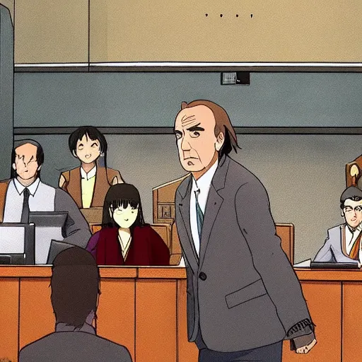 Prompt: Saul Goodman in a courtroom, anime, movie, by studio ghibli