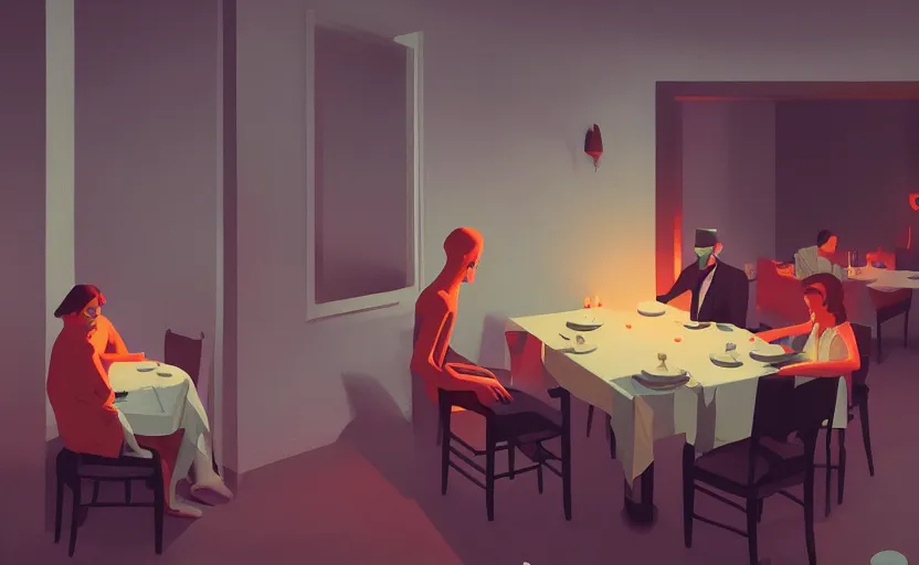 Image similar to an emotional surreal mysterious dinner scene illustration by atey ghailan and escher and edward hopper,