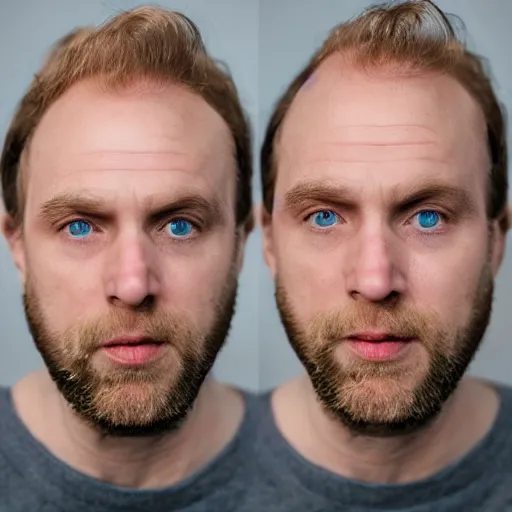 Prompt: Middle aged blue eyed, very pale, blond balding English man with stubble