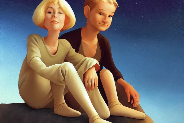 Prompt: beautiful painting of friends, beautiful faces, sitting on the edge, cute, soft light, digital painting by ralph mcquarrie and rolf amrstrong