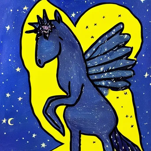 Prompt: A lonely dark-blue unicorn with wings sits on the moon's surface 🎨🖌️