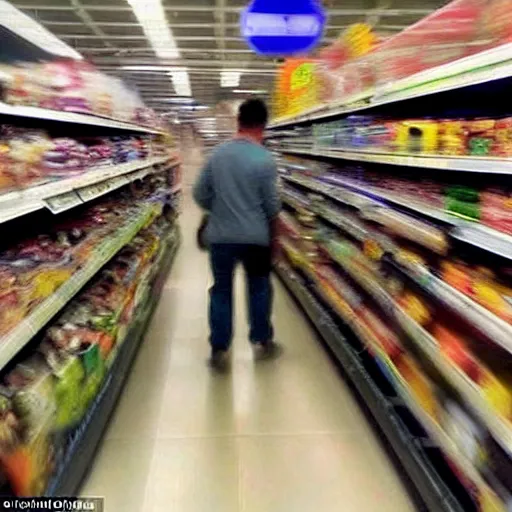 Prompt: Super Mario caught on security footage rummaging through the mushroom section of a supermarket, realistic, paranormal