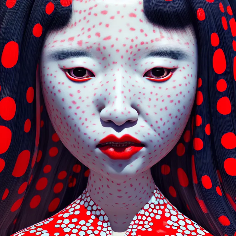 Image similar to hyperrealistic detailed image of a geisha in a art installation room, hd smooth interior by yayoi kusama, part by kei mieno, part by ross tran, dark art by james jean, ultra realistic, highly detailed, life like face, detailed body, 8 k, 3 d render by roger magrini, masterpiece