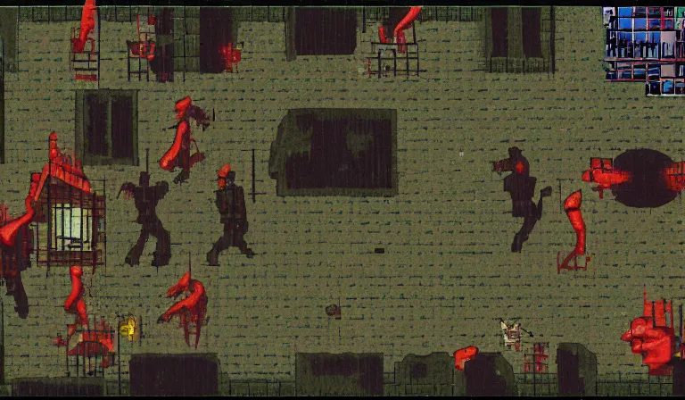 Image similar to Combat in a survival horror game, PS1, 2D sprites, gameplay screenshot, by Hieronymous Bosch