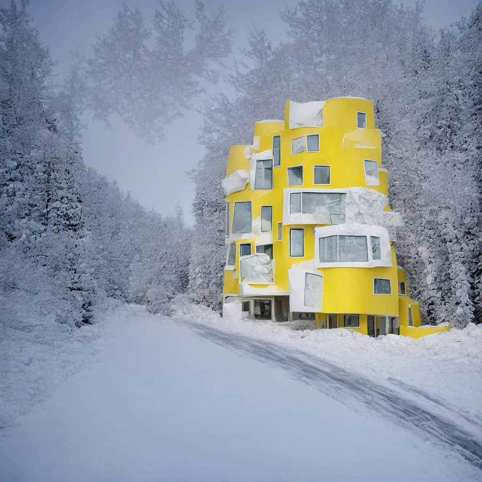 Image similar to a road leading to a mid-century modern house with large windows on top of a cliff in the arctic, covered with snow, designed by Frank Gehry. Big tiles. Film grain, cinematic, yellow hue