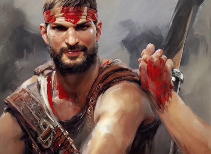 Image similar to a highly detailed beautiful portrait of ashton kutcher as kratos, by gregory manchess, james gurney, james jean