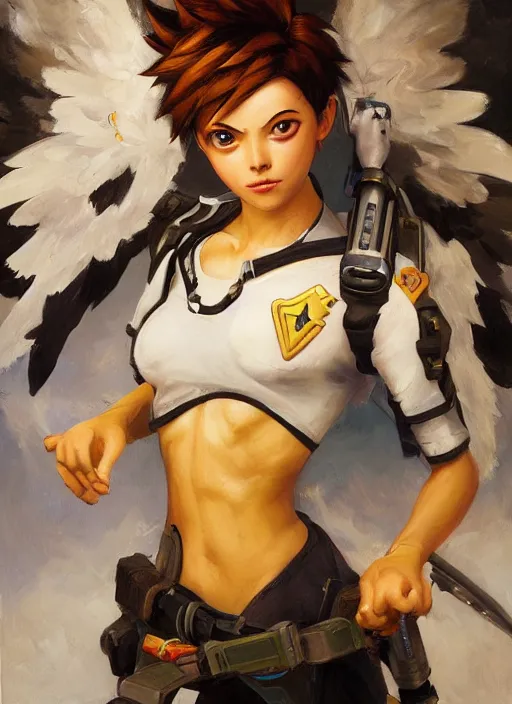 Image similar to oil painting of tracer overwatch in the style of sophie anderson, flying, angel wings,