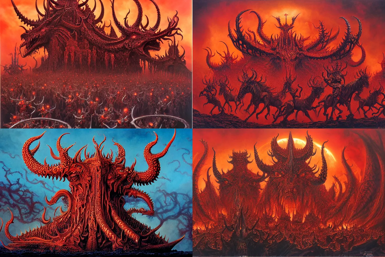 Prompt: diadems, crowns, on a ten horned beast with seven heads, fiery red, detailed, intricate, matte painting by Les Edwards, Jim Burns and Michael Whelan