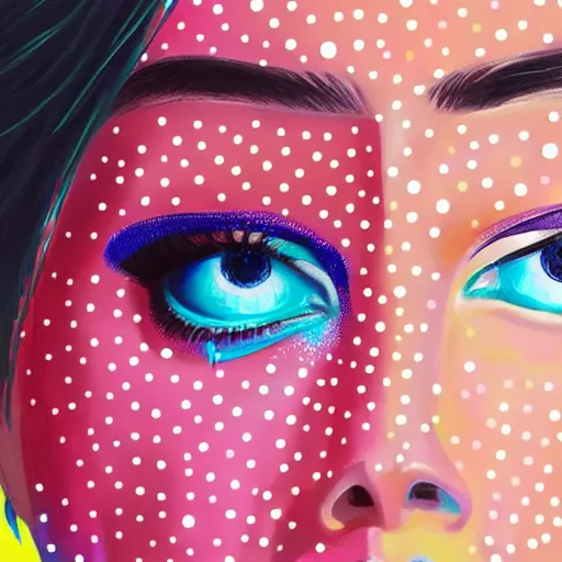 Image similar to beautiful face of girl in style spotty pointism without nose, super bright colors, colored spots, mixed liquid acrylic, painting come to life, artstation, ultradetail