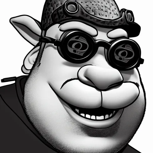 Prompt: Muscular Shrek with a handlebar mustache, goggles, a biker hat, and wearing a sleeveless ripped black leather jacket, portrait, digital art, trending on artstation, very detailed, highly detailed, HD quality, 8k resolution