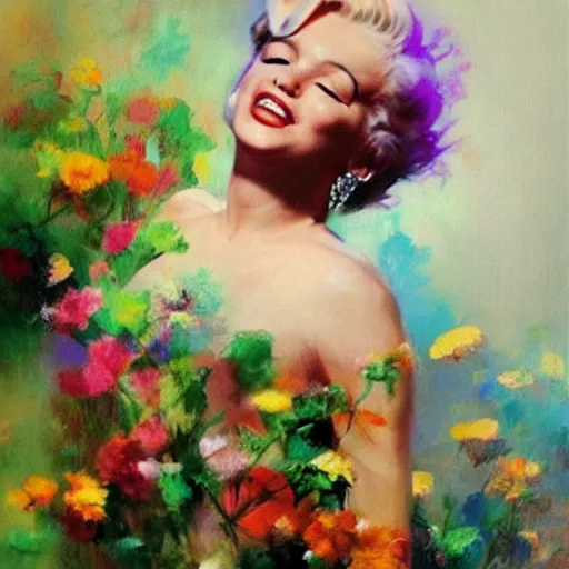 Image similar to marilyn monroe, flowers, by artist ruan jia