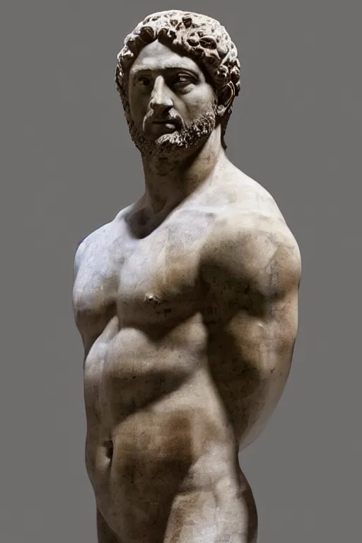 Image similar to an ancient greek marble statue of actor gerard butler, painted in reconstructed original colors, courtesy of the british museum