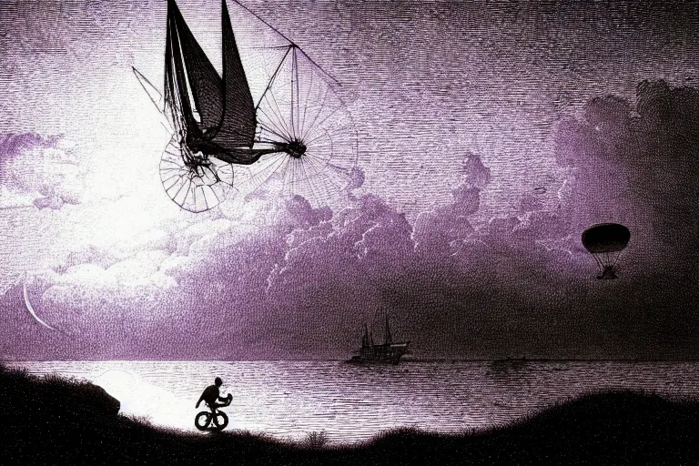 Image similar to kid rides a bicycle waving good bye to the airship at sunset, in the style of gustav dore, intricate and epic composition, purple by caravaggio, insanely quality, highly detailed, masterpiece, purple light, artstation, 4 k