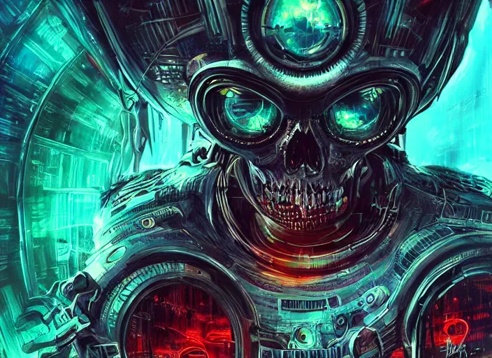 Image similar to a futuristic skull with glowing eyes and a wormhole tunnel cyberpunk art by android jones