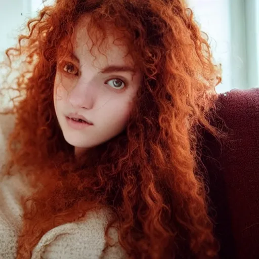 Image similar to a half body shot of a cute beautiful french girl, with curly red hair and a relaxing outfit, hyper realistic, soft lighting, intricate