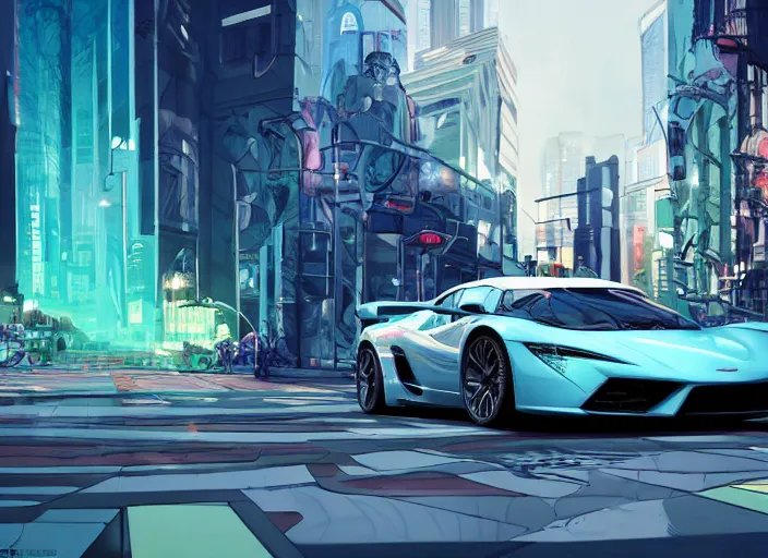 Image similar to a sport car in a city. sharp focus, cinematic pose, cinematic lighting, unreal engine render. art by josan gonzales and moebius and deathburger.