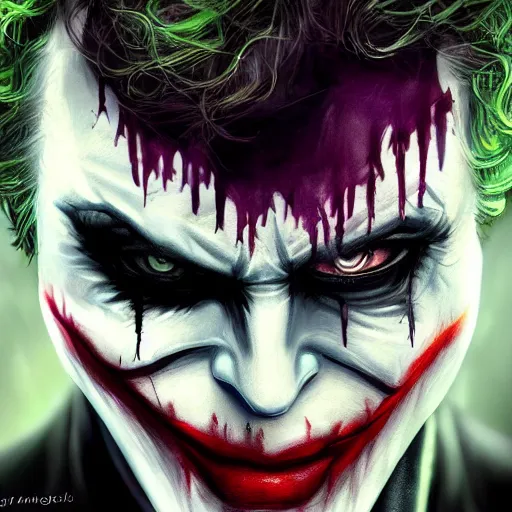 Image similar to the dark knight with joker makeup on the face, digital painting, amazing detail, artstation, cgsociety