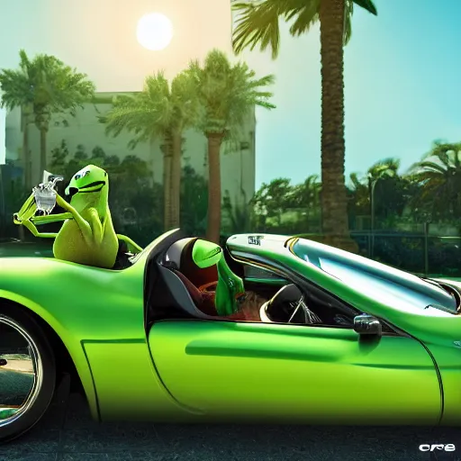 Prompt: kermit driving a mercedes, wlop, palm trees, cinematic lighting, hyperdetailed, 8 k realistic, symmetrical, global illumination, radiant light,, frostbite 3 engine, cryengine, dof, trending on artstation, digital art, chanel