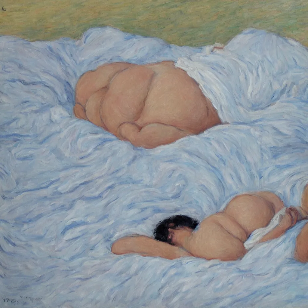 Prompt: a beautiful painting of a single beautiful fat woman laying in bed with white sheets drinking coffee in the style of Monet