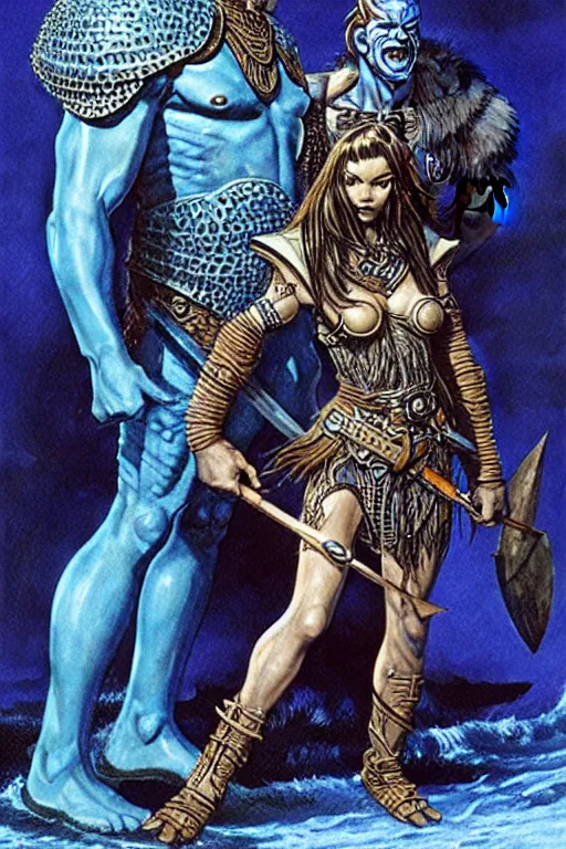 Prompt: a small blue-skinned triton girl wearing scale armor riding on a the shoulders of a large male goliath wearing fur and leather armor, dnd concept art, painting by Clyde Caldwell