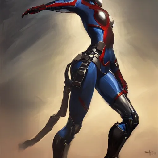 Image similar to greg manchess portrait painting of partially armored female iron spiderman as overwatch character, medium shot, asymmetrical, profile picture, organic painting, sunny day, matte painting, bold shapes, hard edges, street art, trending on artstation, by huang guangjian, gil elvgren, ruan jia, greg rutkowski, gaston bussiere